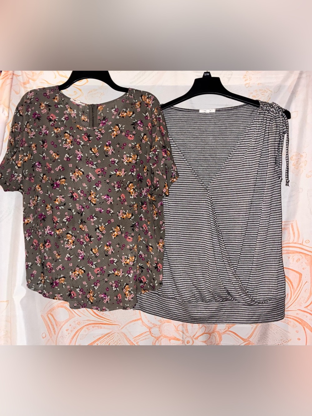 Maurices Olive Floral Short-Sleeve Blouse & Black & White Tie Sleeved Top